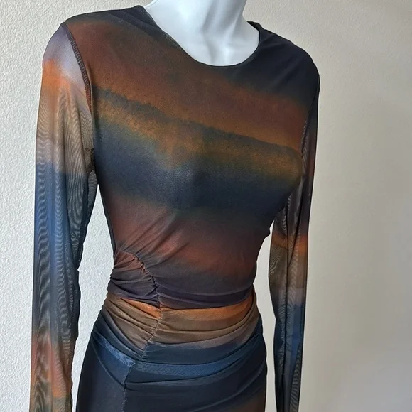 BodyCon Dress L Ruched Ombre Sunset Sheer Sleeves Y2K Dark Fairy Ethereal Grunge - Picture 10 of 15